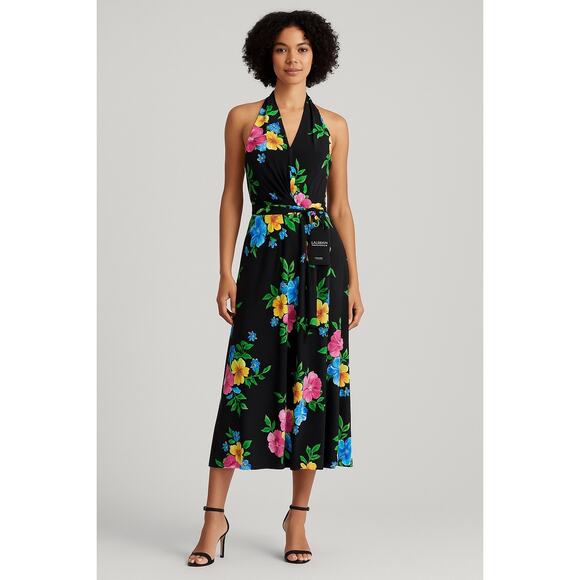 Ralph Lauren Dresses & Skirts - Lauren Ralph Lauren Floral Halter Midi Dress Size 12 – Black Tropical Belted NWT